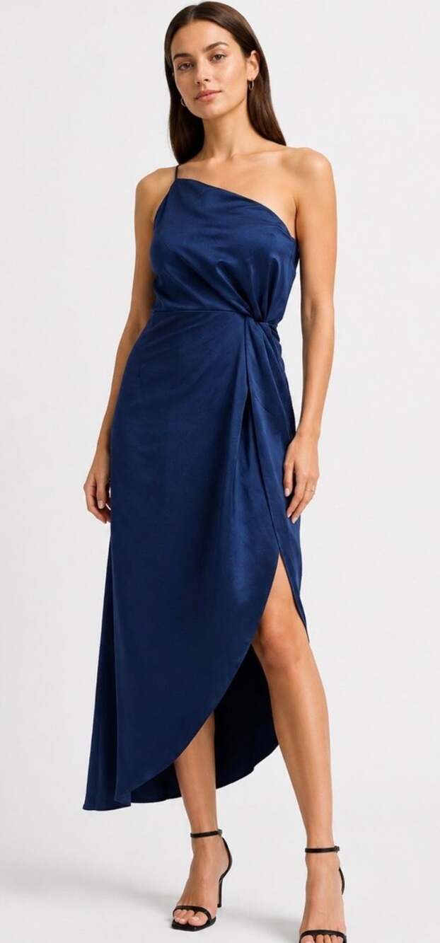 O.P.T. Ivy Asymmetrical One-Shoulder Satin Midi Dress